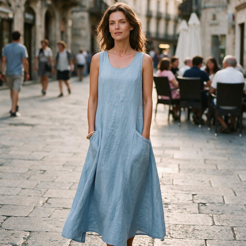 Plus Size Linen Sundress for Women with Double Pockets and Sleeveless Cut, studio side view