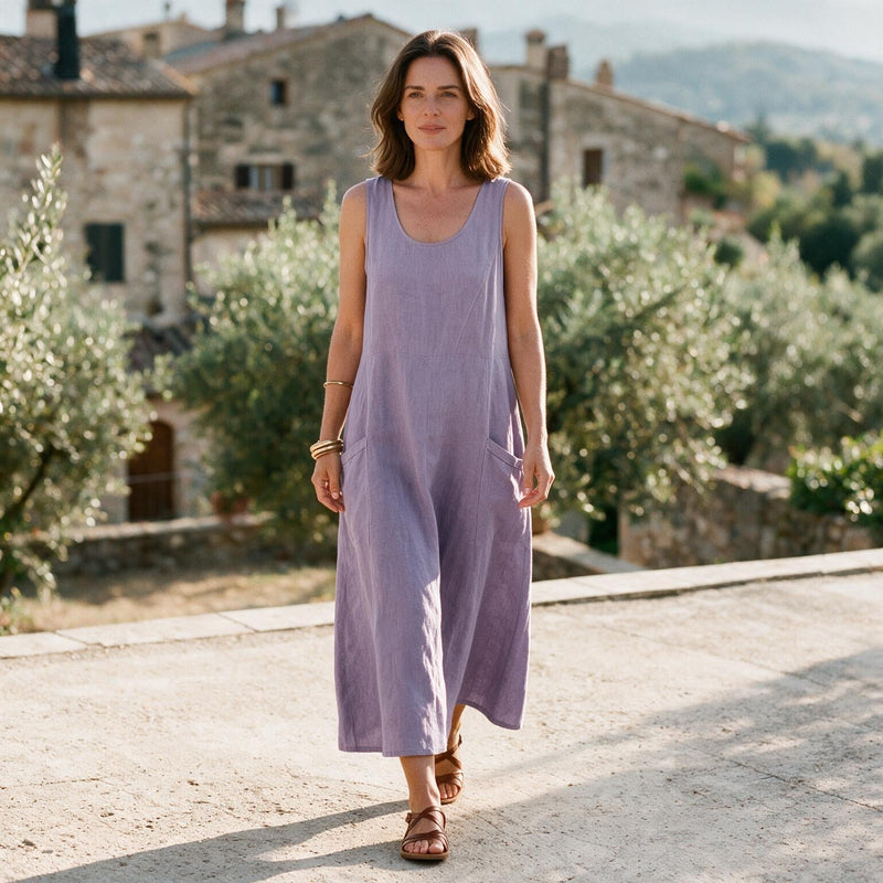 Plus Size Linen Sundress for Women with Double Pockets and Sleeveless Cut, detail view