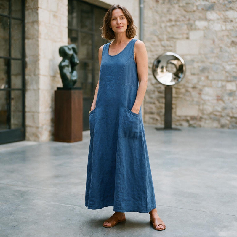 Plus Size Linen Sundress for Women with Double Pockets and Sleeveless Cut, fabric close-up
