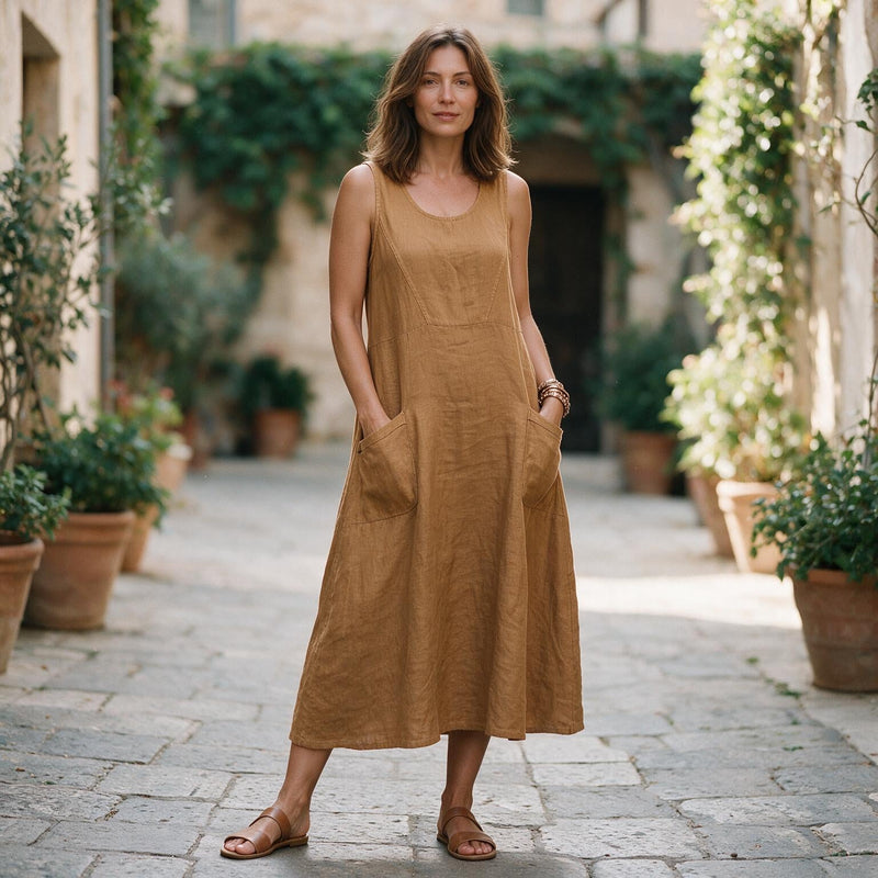 Plus Size Linen Sundress for Women with Double Pockets and Sleeveless Cut, full length view