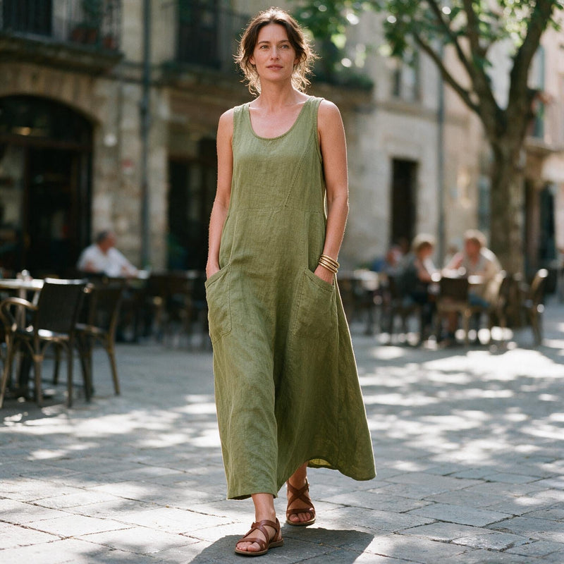Plus Size Linen Sundress for Women with Double Pockets and Sleeveless Cut, three-quarter view