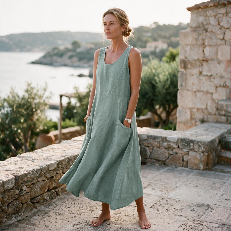 Plus Size Linen Sundress for Women with Double Pockets and Sleeveless Cut, neckline detail