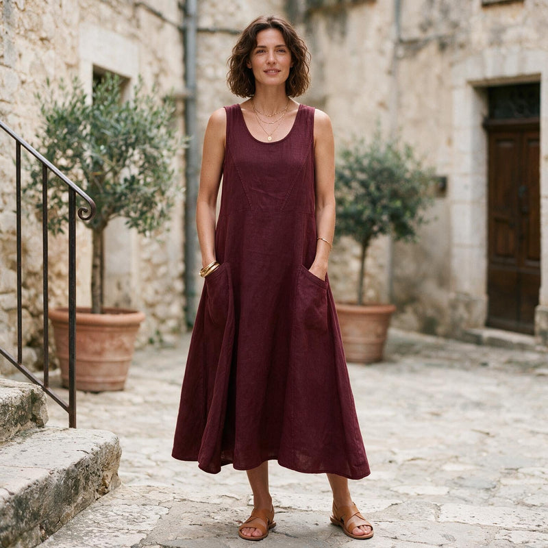 Plus Size Linen Sundress for Women with Double Pockets and Sleeveless Cut, hem detail
