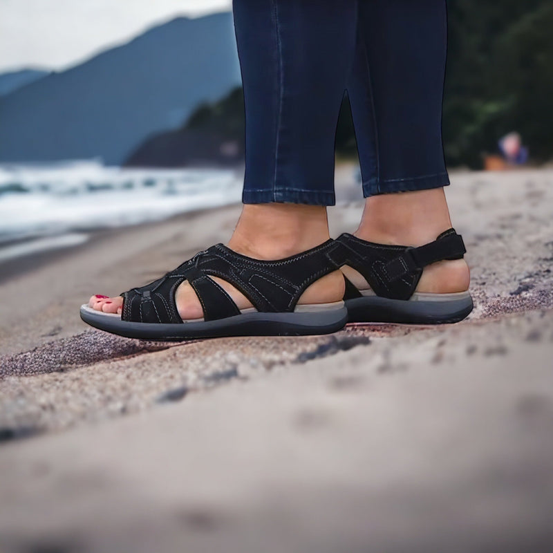 Arch Support Sandals for Women with Adjustable Hook and Loop Straps in Black, front view