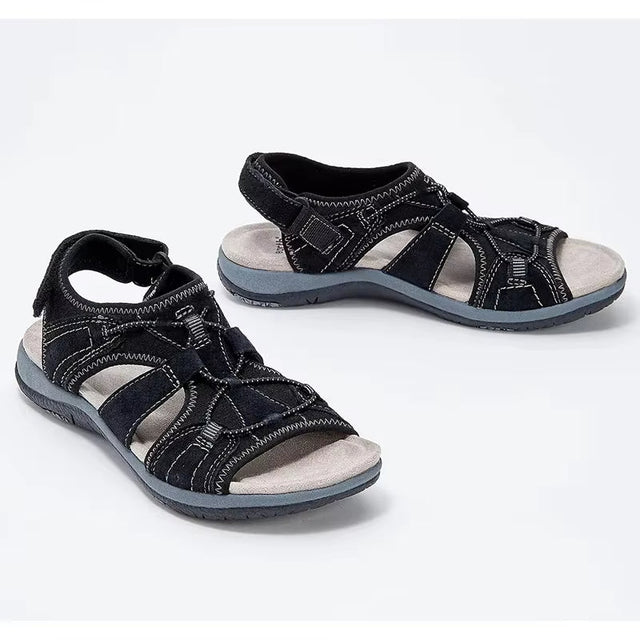 Arch Support Sandals for Women with Adjustable Hook and Loop Straps in Black, product view