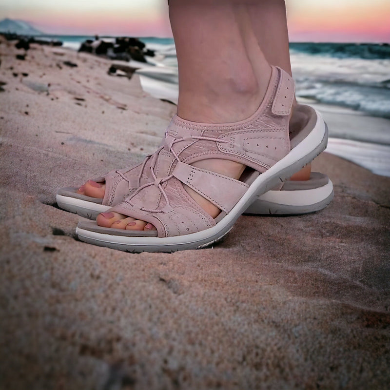 Arch Support Sandals for Women with Adjustable Hook and Loop Straps in Pink, side view