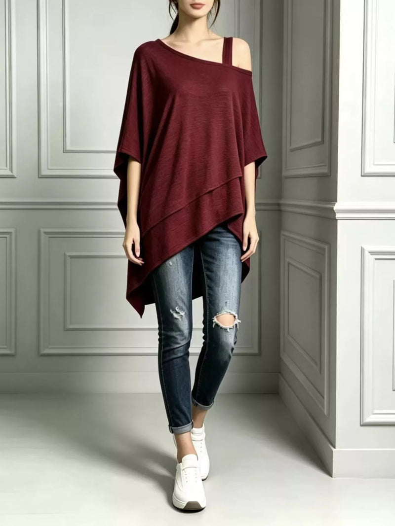 Asymmetric Off Shoulder Top for Women with Batwing Sleeves and Layered Hem in Burgundy, front view