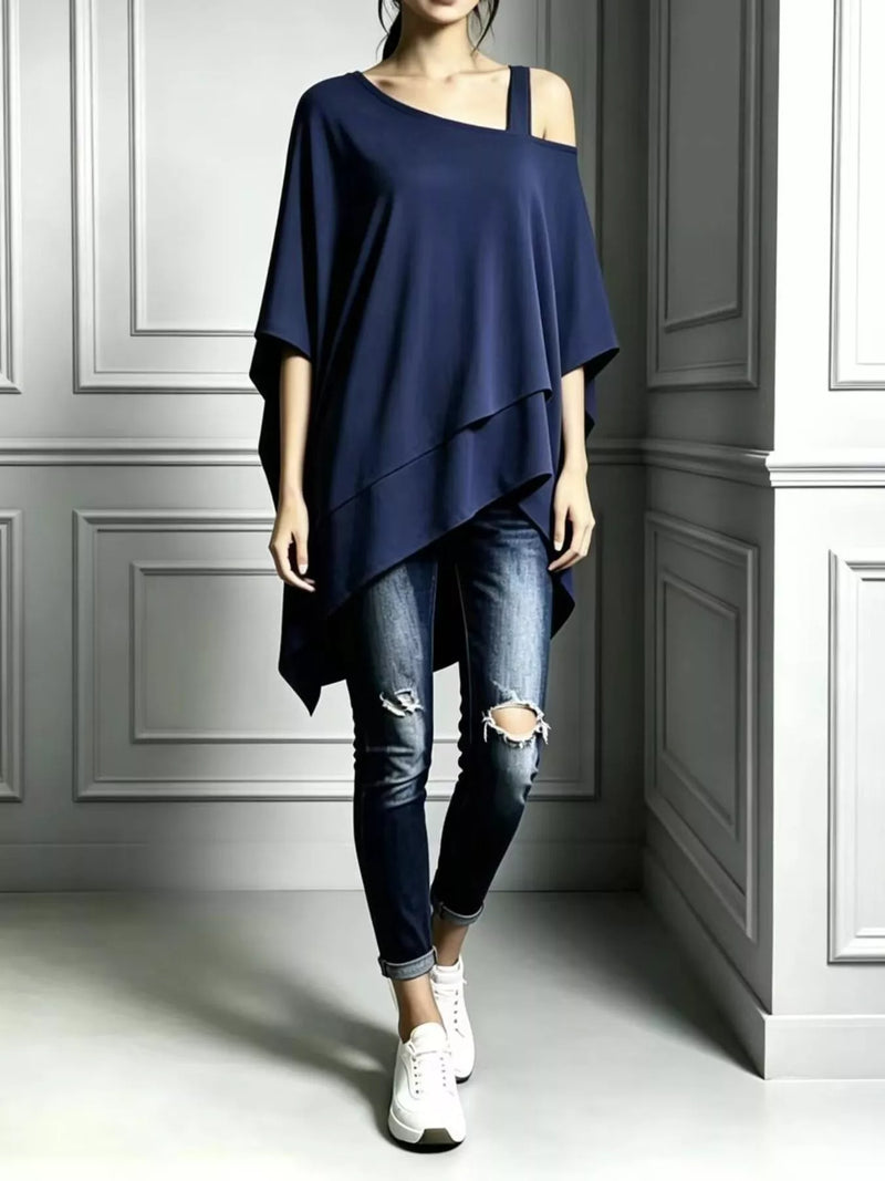 Asymmetric Off Shoulder Top for Women with Batwing Sleeves and Layered Hem in Navy, full length view