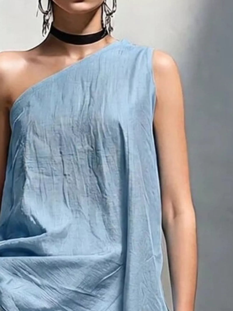 Asymmetric One Shoulder Top for Women with Draped Hem and Crinkle Texture in Light Blue, close-up