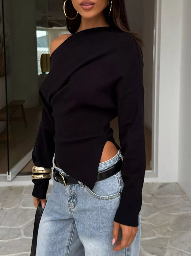 Asymmetric One Shoulder Top for Women with Long Sleeves and Draped Front in Black, side split view