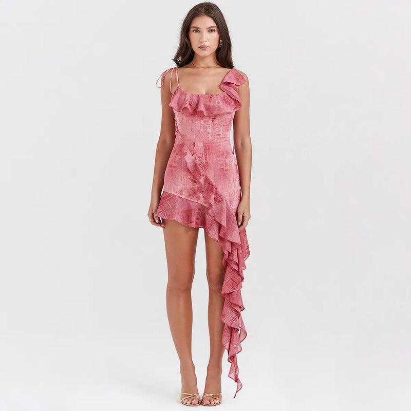 Ruffle Mini Dress for Women with Asymmetric Hem and Tie Straps in Pink, front view 2