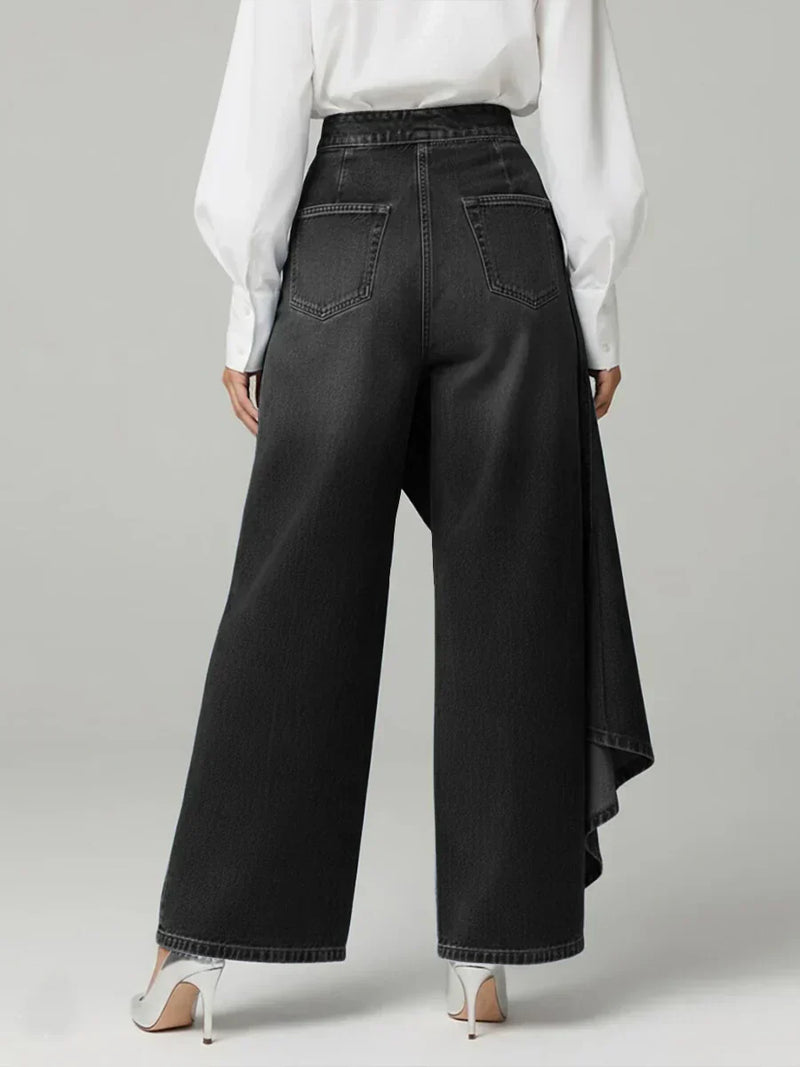 Asymmetric Wide Leg Jeans for Women with Button Front and Draped Panel in Black, back view