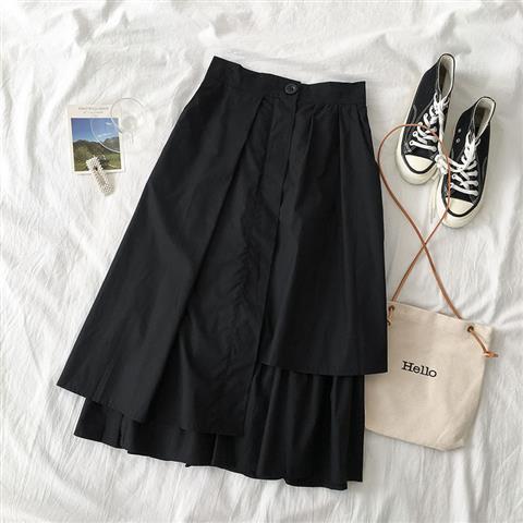 Asymmetrical Midi Skirt for Women with Layered Hem and High Waist in Black, flat lay
