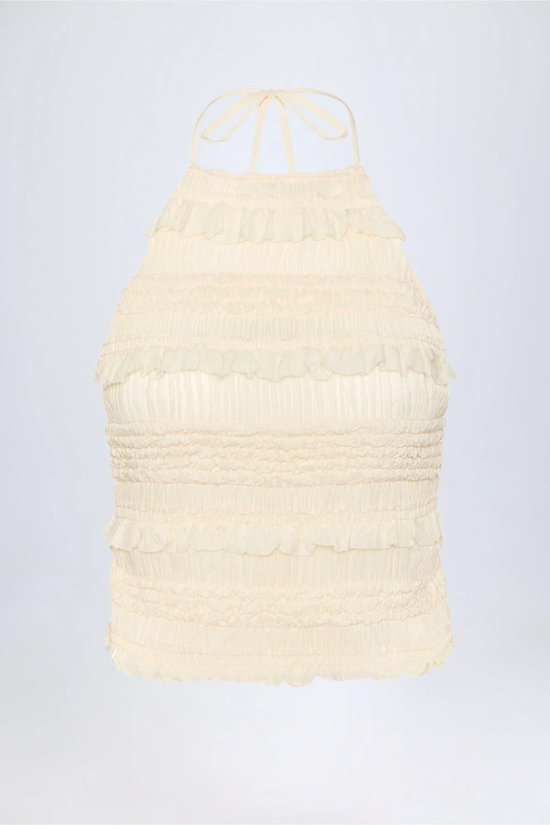 Backless Halter Top for Women with Shirred Ruffles and Tie Neck in Cream, flat lay