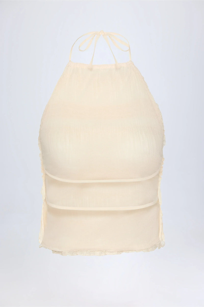 Backless Halter Top for Women with Shirred Ruffles and Tie Neck in Cream, flat lay inside view