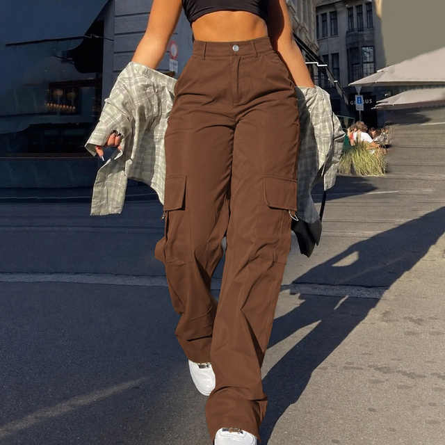 Baggy Cargo Pants for Women with High Waist and Flap Pockets in Brown, front view