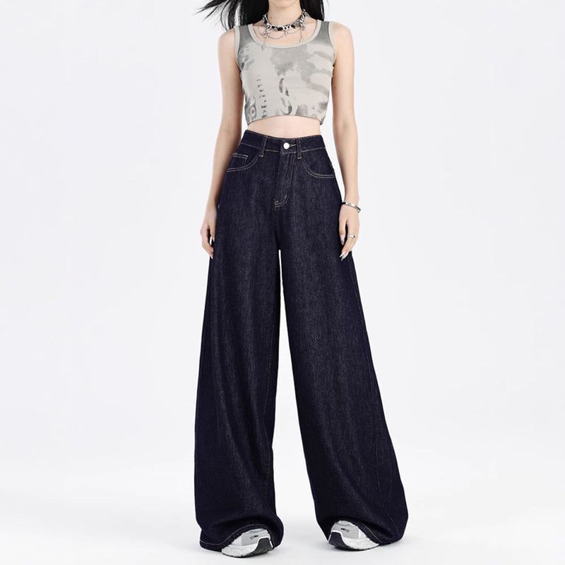 Baggy Wide Leg Jeans for Women with High Waist and Five Pockets in Dark Blue, full length front view