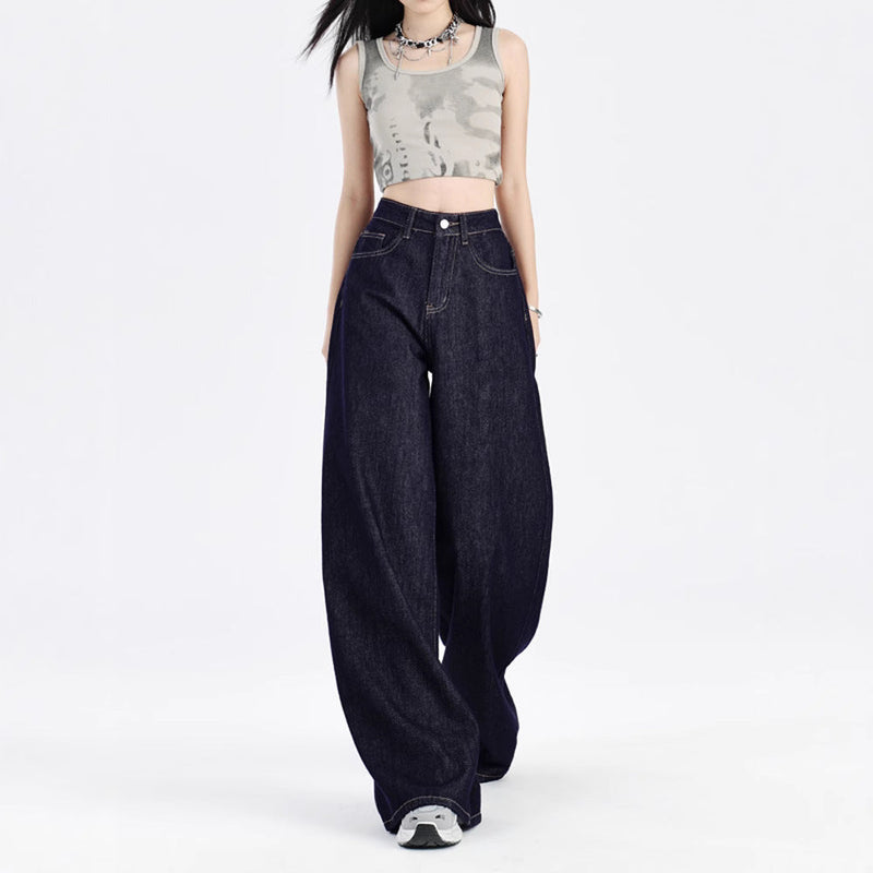 Baggy Wide Leg Jeans for Women with High Waist and Five Pockets in Dark Blue, three-quarter view