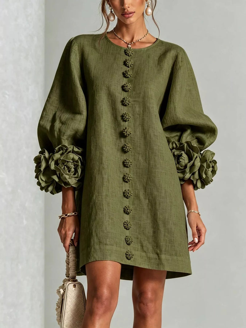Balloon Sleeve Mini Dress for Women with 3D Rosette Cuffs in Army Green, front view