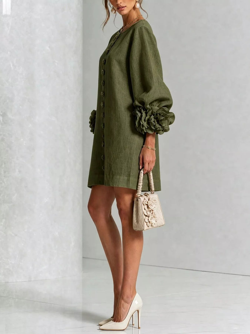 Balloon Sleeve Mini Dress for Women with 3D Rosette Cuffs in Army Green, side view