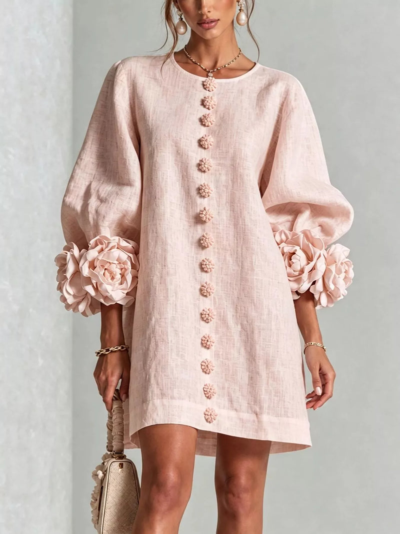 Balloon Sleeve Mini Dress for Women with 3D Rosette Cuffs in Blush Pink, close-up