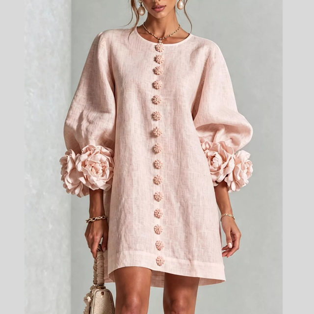 Balloon Sleeve Mini Dress for Women with 3D Rosette Cuffs in Blush Pink, front view