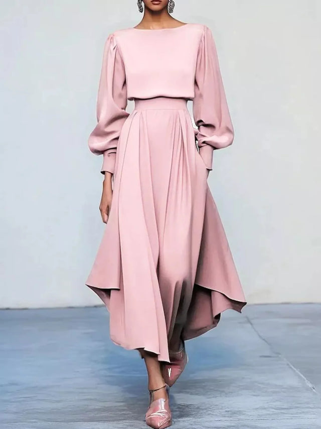 Long Sleeve Midi Dress for Women with Balloon Sleeves and Pleated Skirt in Blush Pink, front view