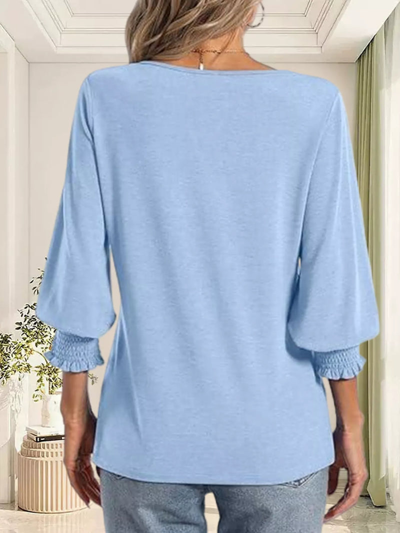 V Neck Top for Women with Balloon Sleeves and Smocked Cuffs in Sky Blue, back view