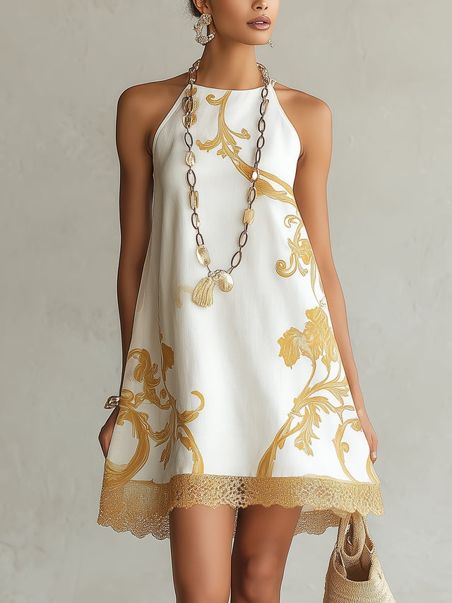 Baroque Print A-Line Mini Dress for Women with Lace Trim Hem in White, front view