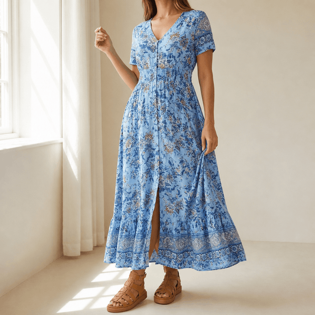 Boho Floral Maxi Dress for Women with V-Neck and Front Slit in Blue, front view