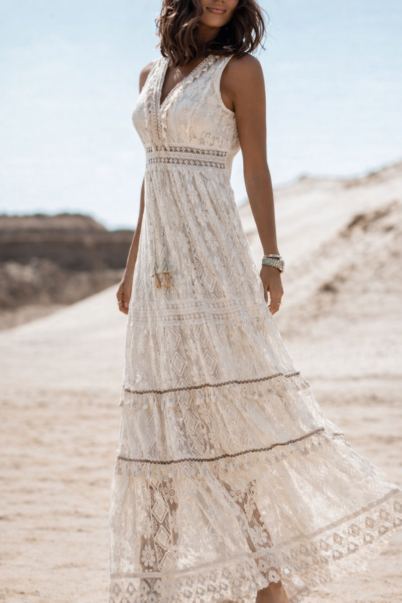 Boho Lace Maxi Dress for Women with V-Neck and Front Slit, full length view