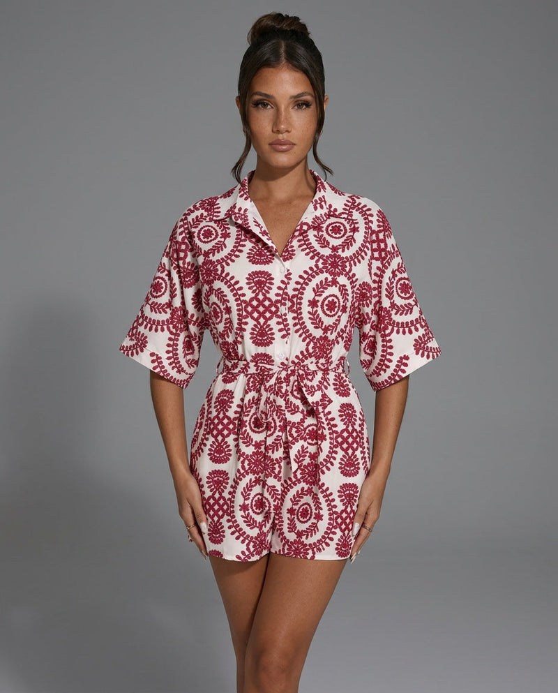 Boho Print Playsuit for Women with Shirt Collar and Tie Waist in Pink, front view 2
