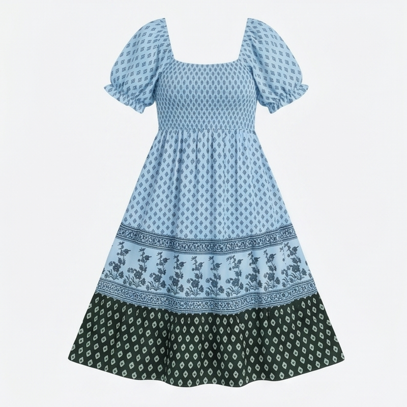 Boho Puff Sleeve Maxi Dress for Women with Smocked Bodice and Tiered Skirt in Sky Blue, flat lay front
