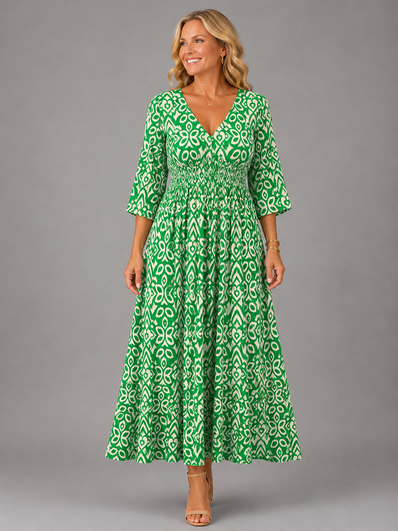 Boho Midi Dress for Women with Smocked Waist and Three Quarter Sleeves in Green, front view