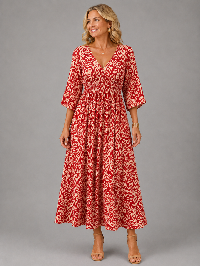 Boho Midi Dress for Women with Smocked Waist and Three Quarter Sleeves in Red, front view