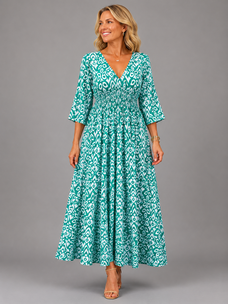 Boho Midi Dress for Women with Smocked Waist and Three Quarter Sleeves in Teal, front view