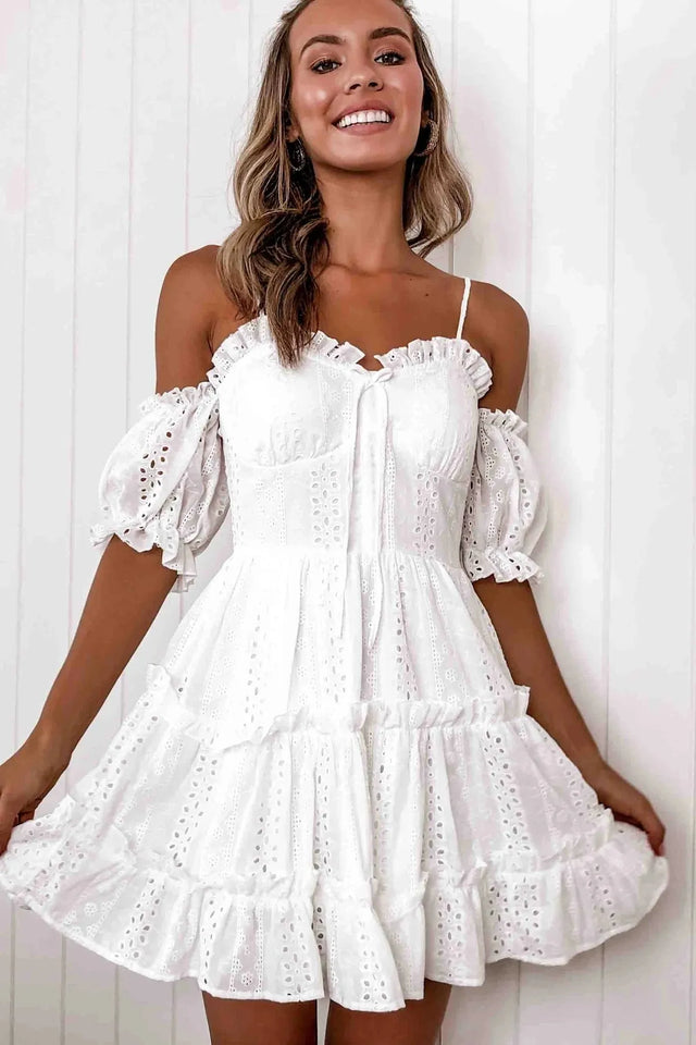 Broderie Tiered Mini Dress for Women with Cold Shoulder Puff Sleeves in White, front view