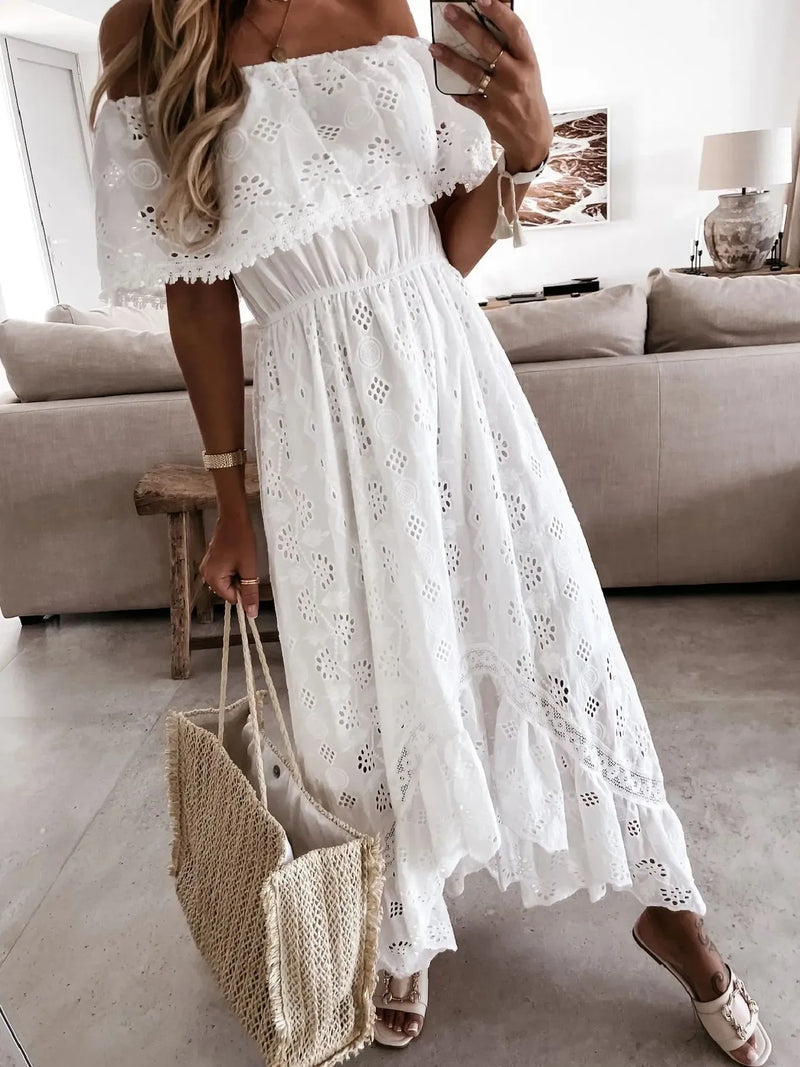 Broderie Off Shoulder Maxi Dress for Women with Ruffle High Low Hem in White, mirror selfie view