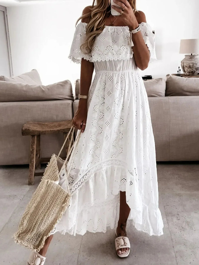 Broderie Off Shoulder Maxi Dress for Women with Ruffle High Low Hem in White, mirror selfie view 2