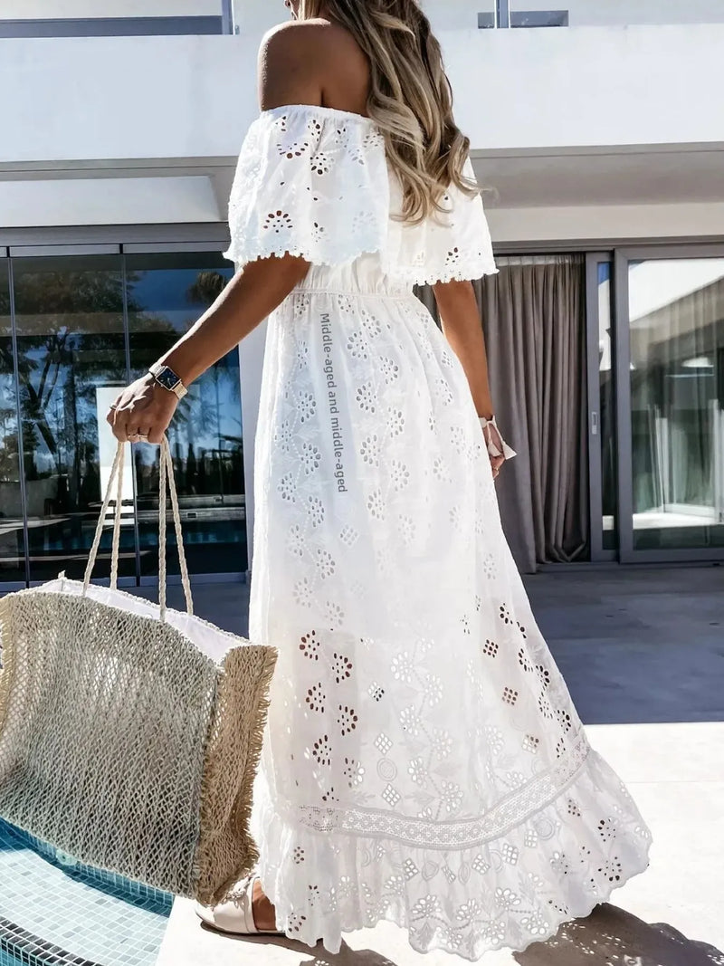 Broderie Off Shoulder Maxi Dress for Women with Ruffle High Low Hem in White, side view