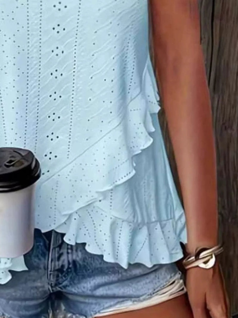 Broderie Tank Top for Women with Scalloped V-Neck and Ruffle Hem in Blue, ruffle detail