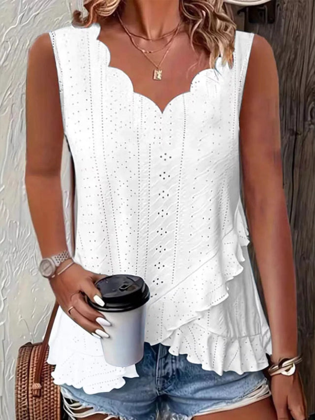 Broderie Tank Top for Women with Scalloped V-Neck and Ruffle Hem in White, front view 2