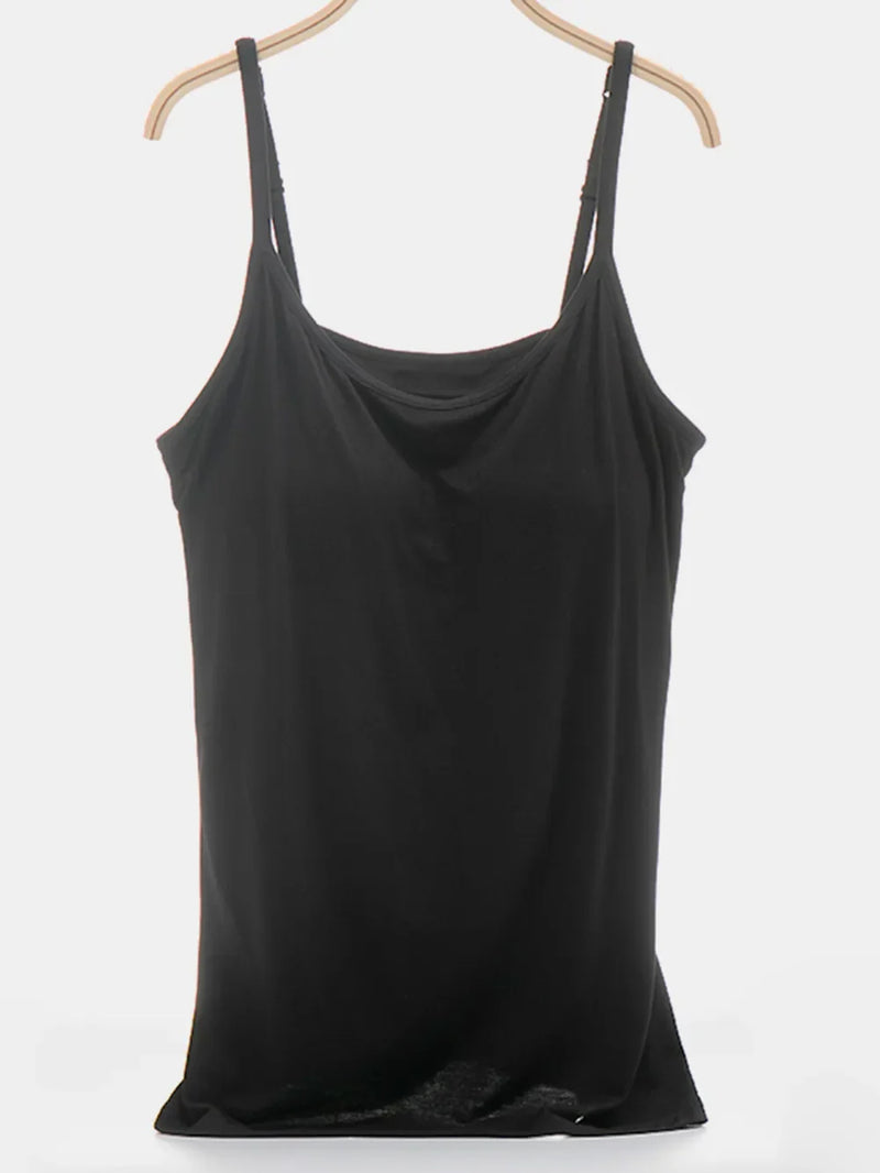 Built-In Bra Cami Top for Women with Scoop Neck and Adjustable Straps in Black, front view