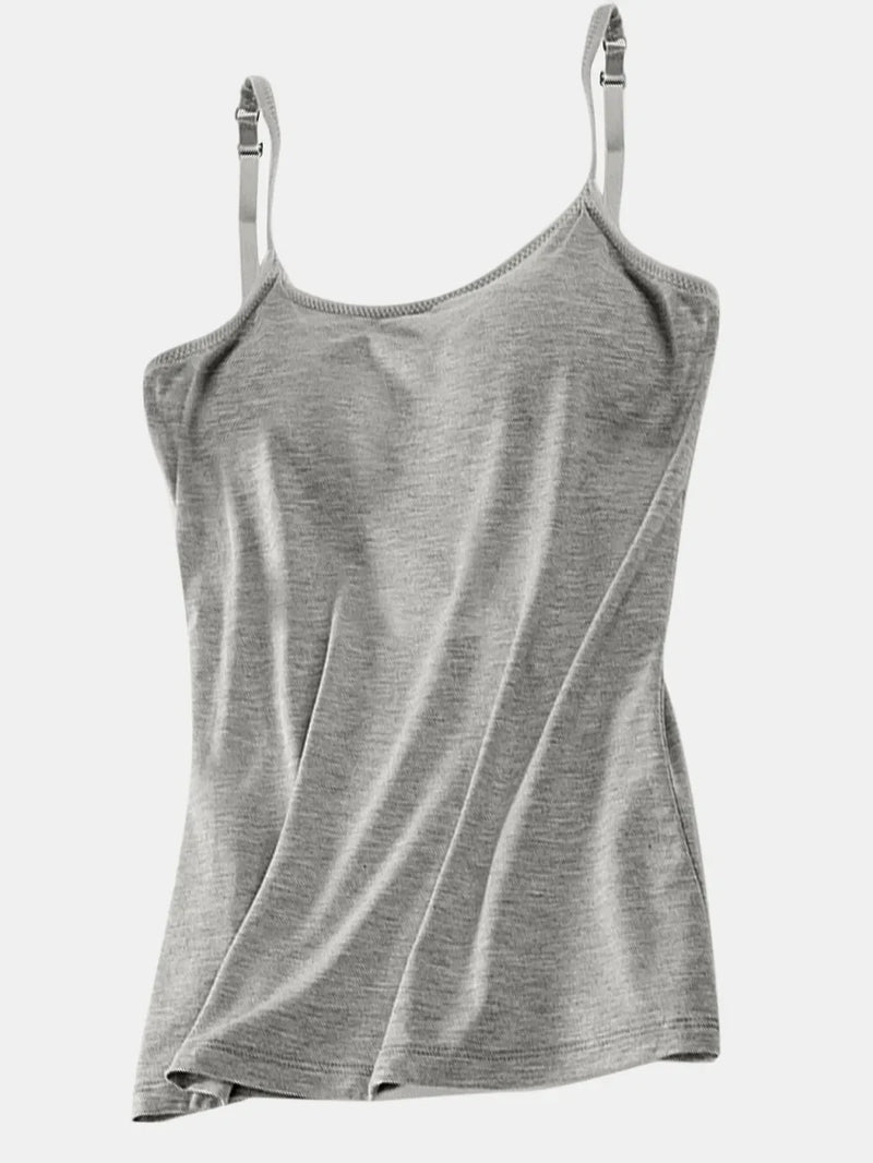 Built-In Bra Cami Top for Women with Scoop Neck and Adjustable Straps in Grey, flat lay