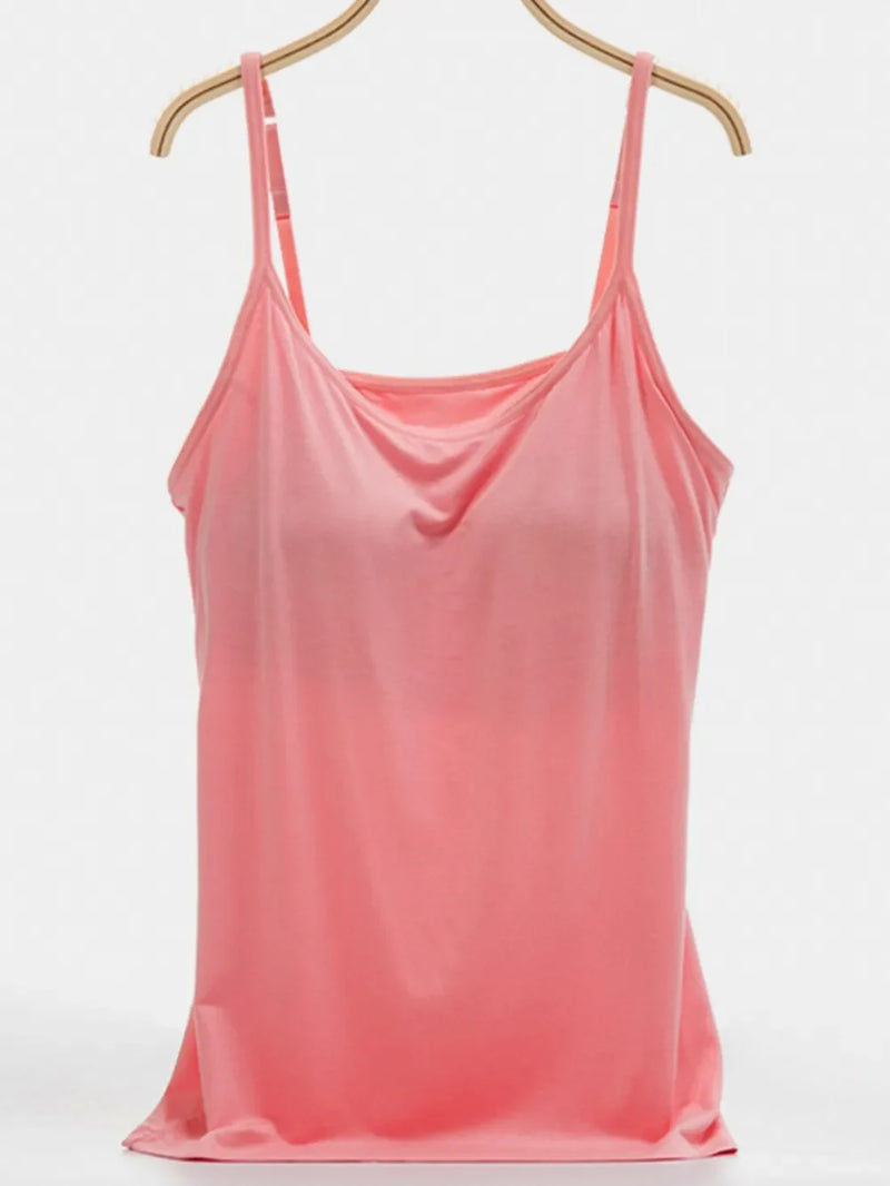 Built-In Bra Cami Top for Women with Scoop Neck and Adjustable Straps in Pink, front view