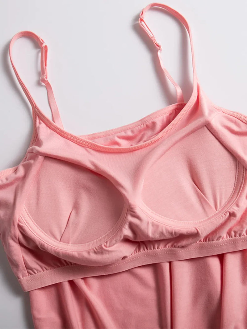 Built-In Bra Cami Top for Women with Scoop Neck and Adjustable Straps in Pink, inside bra view
