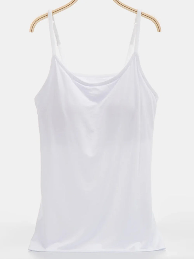 Built-In Bra Cami Top for Women with Scoop Neck and Adjustable Straps in White, front view