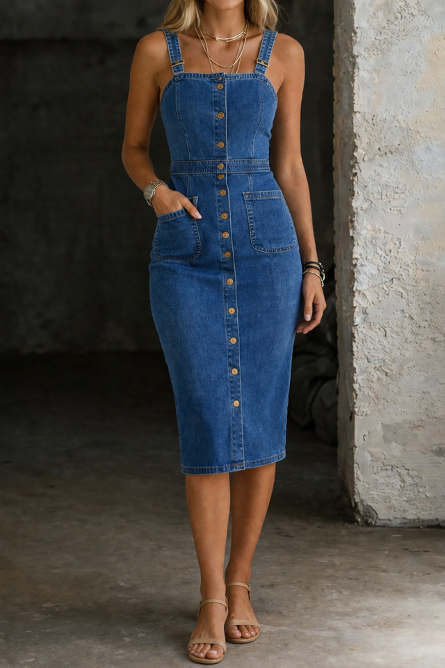Button Front Denim Midi Dress for Women with Square Neck and Pockets in Blue, front view