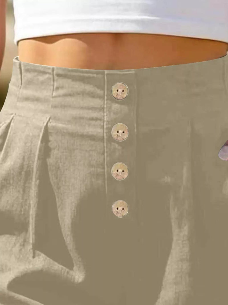 Button Front High Waisted Shorts for Women with Pleats and Side Pockets in Apricot, button detail