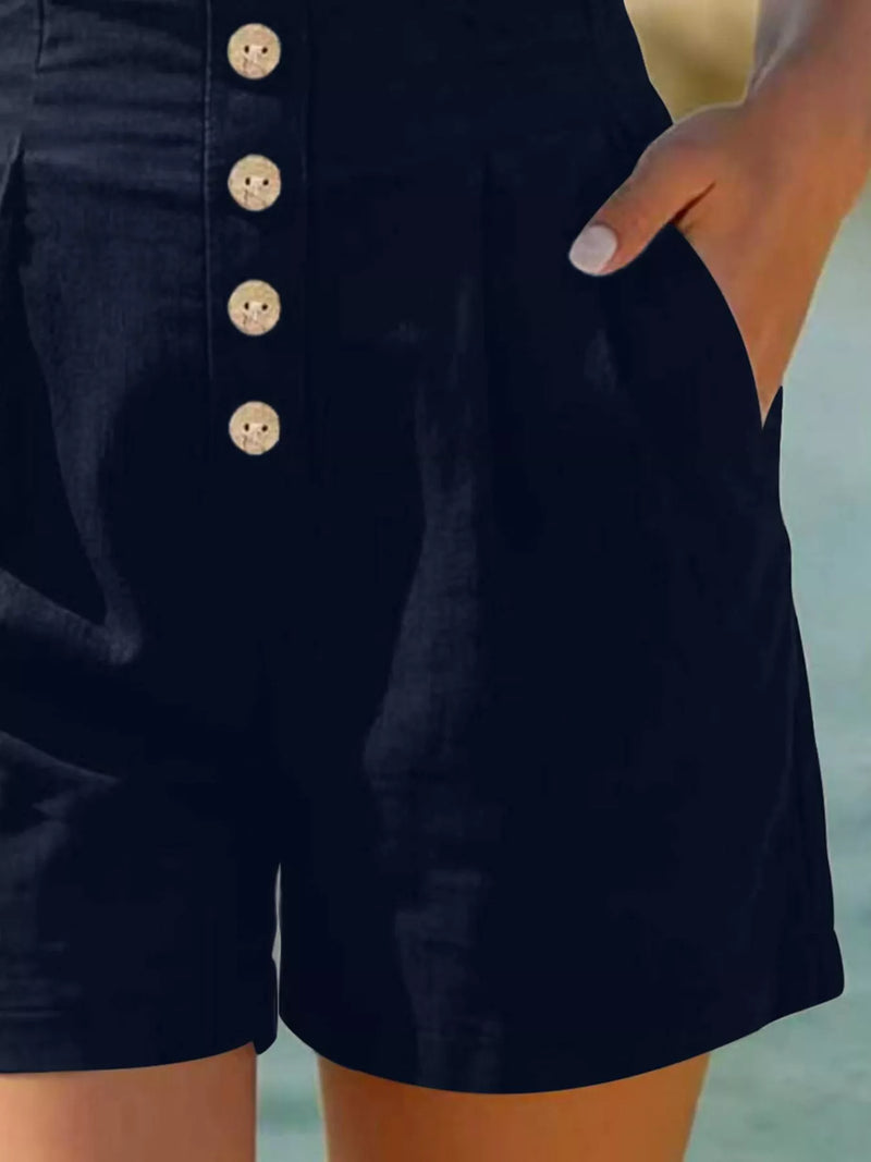 Button Front High Waisted Shorts for Women with Pleats and Side Pockets in Navy Blue, side view